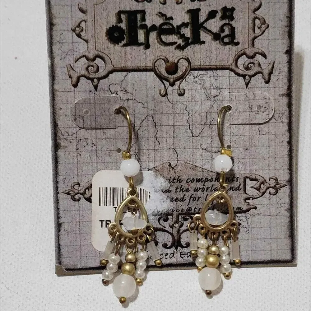 Treska White Gold Tone Beaded Chandelier Dangle Earrings Boho Vintage Style 2
